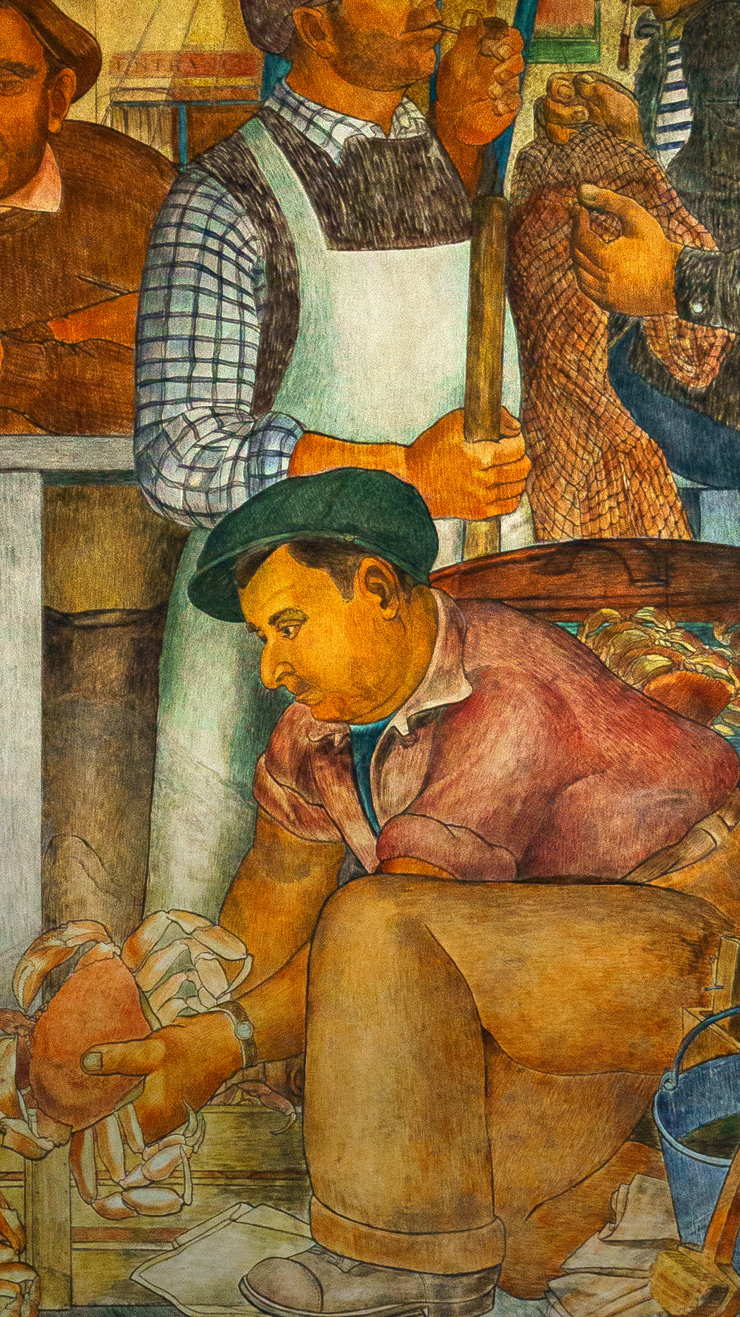 Detail of a mural-style painting showing a man in a green cap kneeling beside a basket of crabs, with the words ‘Fresco I’ overlaid — representing Beckett & Robb’s seasonal collection.