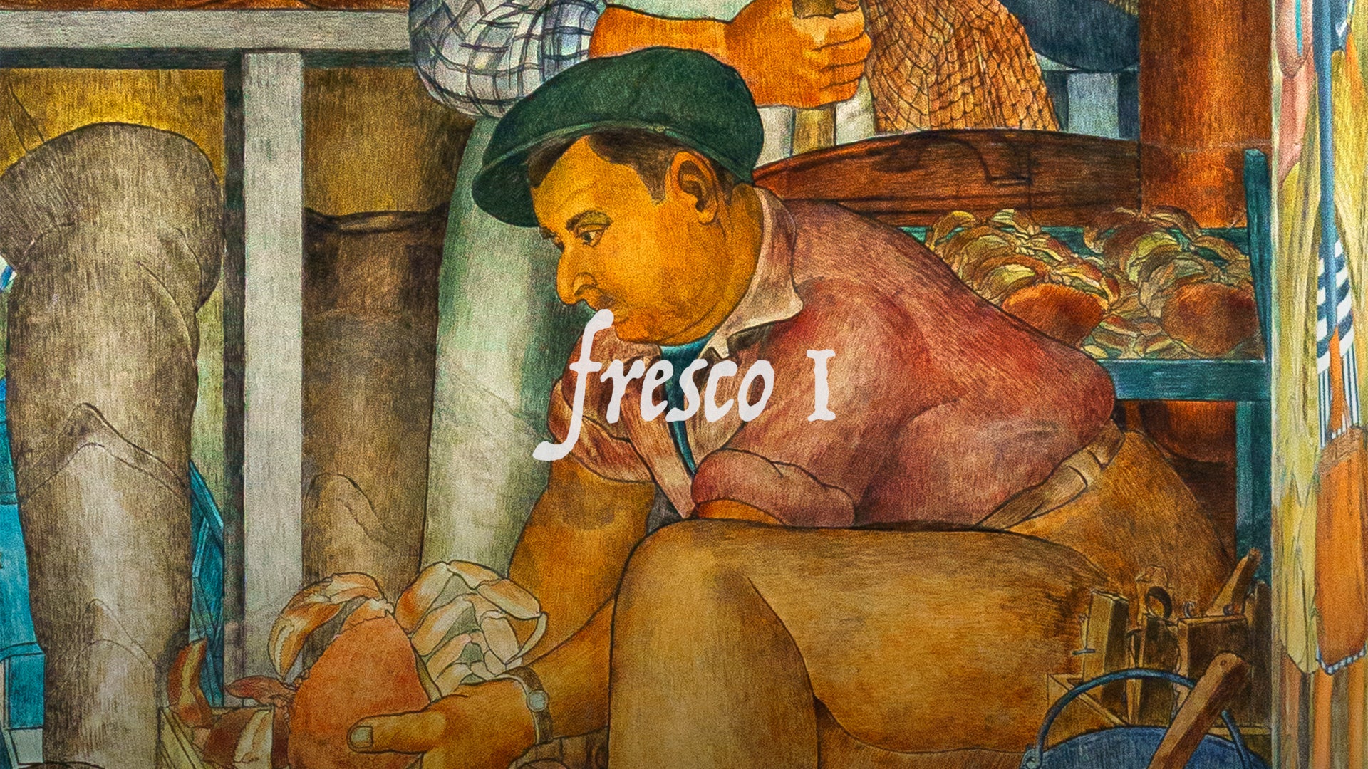 Detail of a mural-style painting showing a man in a green cap kneeling beside a basket of crabs, with the words ‘Fresco I’ overlaid — representing Beckett & Robb’s seasonal collection.