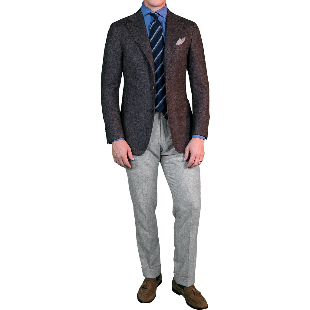 Brown Tweed Sport Coat Outfit Idea With Navy Pants & OCBD