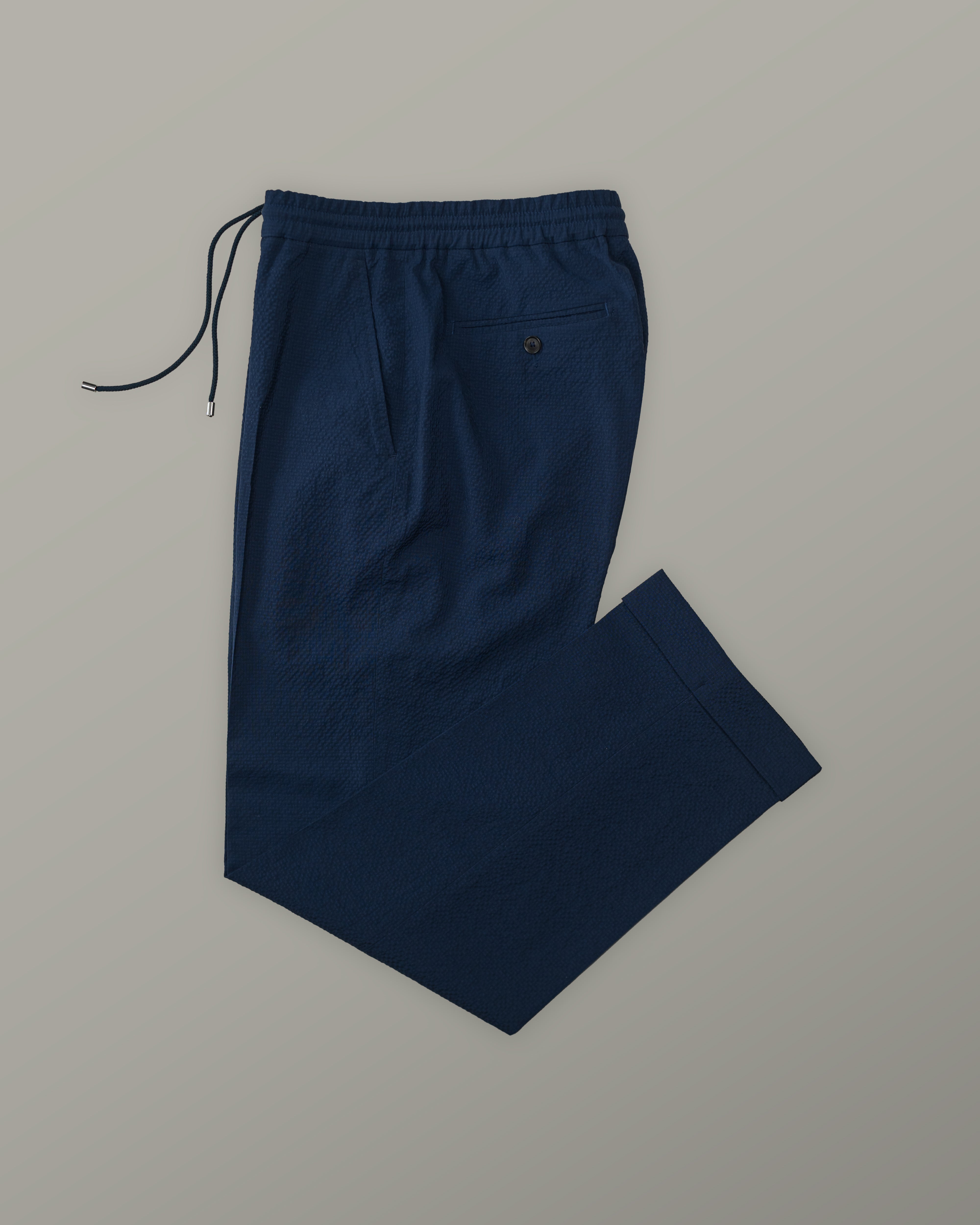 Trouser - Drawstring Blue Plain Seersucker Wool