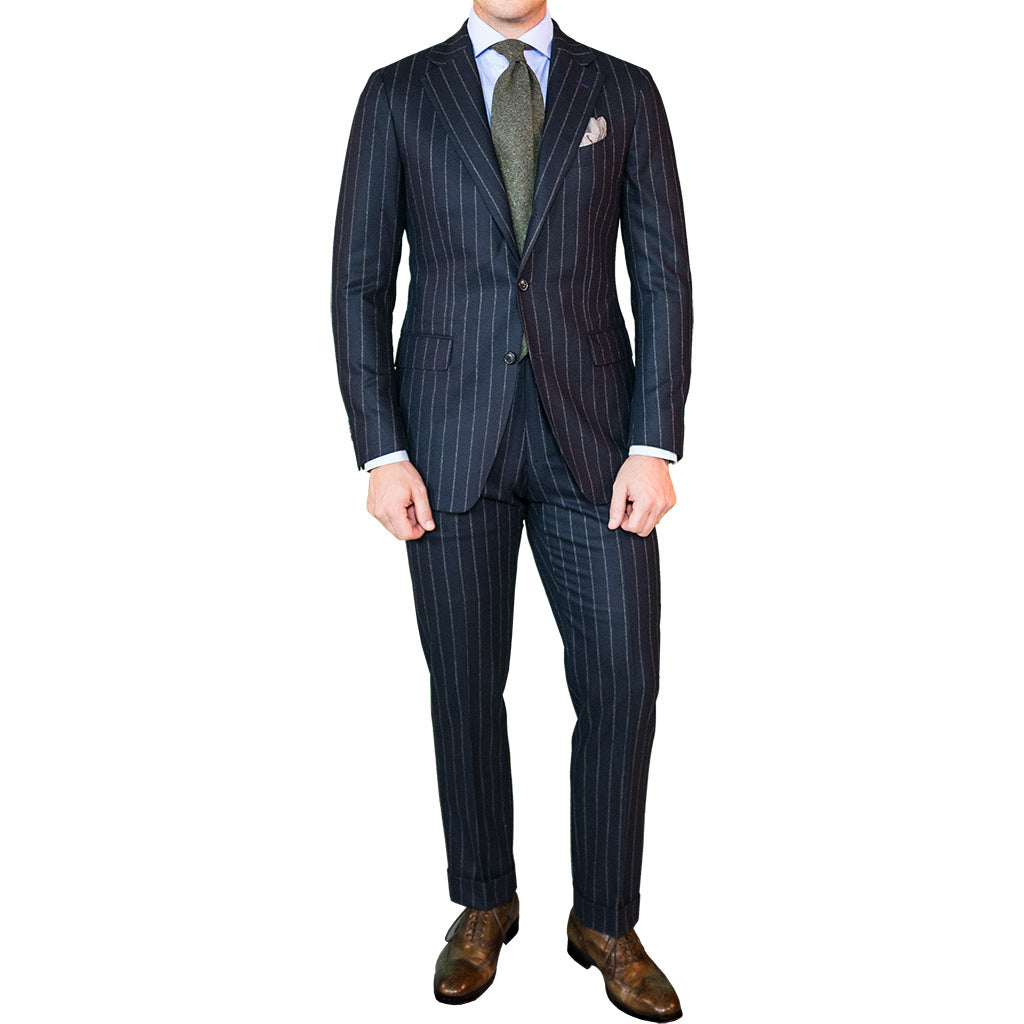 Navy Wide Chalk Stripe Flannel Suit - Beckett &amp; Robb